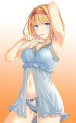 Rule 34 | 1girl, alice margatroid, arm up, armpits, babydoll, bare arms, bare shoulders, blonde hair, blue babydoll, blue eyes, blue panties, bow, bow panties, breasts, commentary request, cowboy shot, doitsuudon, gluteal fold, gradient background, hairband, hand up, highres, holding, looking at viewer, medium breasts, navel, orange background, panties, partial commentary, red hairband, short hair, solo, spaghetti strap, standing, toothbrush, touhou, underwear, white background