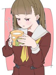 Rule 34 | 1girl, blunt bangs, blush, border, braid, brown dress, brown hair, cat&#039;s tongue, center-flap bangs, commentary, cup, dress, half-closed eyes, hasu no sora school uniform, highres, holding, holding cup, kachimachi kosuzu, link! like! love live!, liz (piyoko piyop), long hair, long sleeves, love live!, milk, neckerchief, open mouth, outside border, pink background, pink eyes, pleated dress, sailor collar, sailor dress, school uniform, side braids, simple background, solo, steam, straight hair, translated, upper body, v-shaped eyebrows, virtual youtuber, white border, white sailor collar, winter uniform, yellow neckerchief