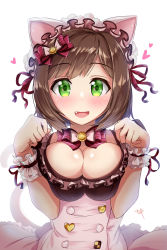 Rule 34 | 1girl, animal ears, bow, breasts squeezed together, breasts, brown hair, cat ears, cat tail, cleavage, commentary request, fang, green eyes, hair bow, heart, heart-shaped pupils, highres, idolmaster, idolmaster cinderella girls, idolmaster cinderella girls starlight stage, kibihimi, large breasts, maekawa miku, paw pose, short hair, simple background, solo, symbol-shaped pupils, tail, white background