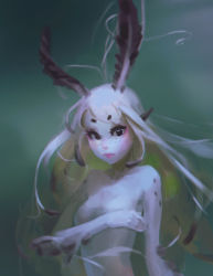Rule 34 | 1girl, antennae, black eyes, blue skin, breasts, colored skin, commentary, covering privates, covering breasts, doyora, freckles, gradient background, long hair, monster girl, nude, original, personification, sea slug, small breasts, solo, underwater, upper body
