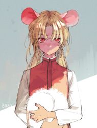 Rule 34 | 1girl, 2020, animal, animal ears, blonde hair, chinese zodiac, closed mouth, highres, holding, holding animal, long hair, looking at viewer, mouse (animal), mouse ears, original, red eyes, sasami (ki), solo, turtleneck, twintails, year of the rat