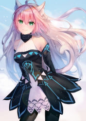 Rule 34 | 136364, 1girl, absurdres, ahoge, animal ears, arms behind back, atalanta (fate), atalanta alter (fate), atalanta alter (first ascension) (fate), bare shoulders, belt collar, black collar, black dress, black pantyhose, blush, braid, breasts, cat ears, cat tail, collar, dress, fate/apocrypha, fate/grand order, fate (series), green eyes, grey hair, hair between eyes, halter dress, halterneck, highres, long hair, long sleeves, looking at viewer, pantyhose, pink hair, small breasts, solo, tail