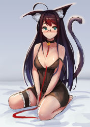 Rule 34 | 1girl, ahoge, animal ears, anti (0324), aqua eyes, bare shoulders, barefoot, bell, neck bell, breasts, brown hair, cat ears, cat tail, collar, garter straps, glasses, large breasts, bridal garter, long hair, original, seiza, sitting, smile, solo, tail