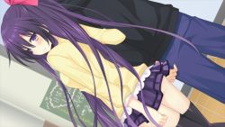 Rule 34 | 10s, 1boy, 1girl, black thighhighs, blue pants, blush, breasts, casual, closed mouth, couple, date a live, date a live: arusu install, dutch angle, embarrassed, from behind, game cg, hair between eyes, hair ribbon, hetero, high ponytail, highres, hood, hood down, hoodie, indoors, layered skirt, legs together, long hair, medium breasts, miniskirt, pants, ponytail, purple eyes, purple hair, purple skirt, raised eyebrows, ribbon, school uniform, sign, skirt, solo focus, standing, sweater, thighhighs, tile floor, tiles, tsunako, very long hair, yatogami tooka