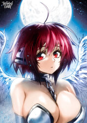 Rule 34 | 1girl, ahoge, angel wings, bare shoulders, black hair, breasts, chain, cleavage, closed mouth, commentary, english commentary, feathered wings, gradient hair, hair between eyes, highres, ikaros, large breasts, looking at viewer, moon, multicolored hair, paid reward available, red eyes, red hair, robot ears, short hair, signature, solo, sora no otoshimono, the golden smurf, two-tone hair, wings