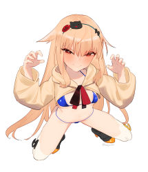 Rule 34 | 1girl, absurdres, beijuu, bikini, blue bikini, blush, breasts, claw pose, closed mouth, collarbone, fang, girls&#039; frontline, hair between eyes, hair flaps, highres, light brown hair, long hair, long sleeves, looking at viewer, medium breasts, open mouth, red eyes, simple background, skin fang, smile, solo, swimsuit, t65 (girls&#039; frontline), very long hair, white background