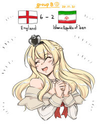 Rule 34 | 1girl, 2022 fifa world cup, blush, braid, check commentary, closed eyes, commentary request, cropped torso, crown, dress, english flag, flag, french braid, hair between eyes, iranian flag, jewelry, kantai collection, long hair, mini crown, necklace, off-shoulder dress, off shoulder, open mouth, simple background, sketch, soccer, solo, suda (yuunagi enikki), upper body, warspite (kancolle), white background, world cup