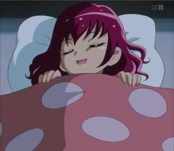 Rule 34 | 10s, 1girl, bed, bed sheet, closed eyes, highres, hoshizora miyuki, maroon hair, pillow, precure, screencap, short hair, sleeping, smile precure!