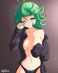 Rule 34 | 1girl, absurdres, alternate breast size, artist name, black panties, black shirt, breasts, collarbone, collared shirt, commentary, convenient arm, curly hair, dress shirt, english commentary, gradient background, green eyes, green hair, groin, hair between eyes, half-closed eye, highres, jay flare, light particles, linea alba, long sleeves, medium breasts, navel, no bra, no pants, one-punch man, one eye closed, open clothes, open shirt, panties, parted lips, shirt, sidelighting, single bare shoulder, sleeves past fingers, sleeves past wrists, solo, tatsumaki, underwear