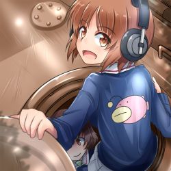 Rule 34 | 10s, 2girls, :d, akiyama yukari, arm support, blue jacket, blurry, blurry foreground, brown eyes, brown hair, closed mouth, commentary request, dappled sunlight, depth of field, from above, girls und panzer, green shirt, headphones, highres, jacket, kitayama miuki, long sleeves, looking at viewer, looking back, military, military uniform, military vehicle, motor vehicle, multiple girls, nishizumi miho, ooarai military uniform, open mouth, panzer iv, panzer iv, partial commentary, riding, shirt, short hair, smile, sunlight, tank, tank cupola, uniform