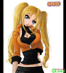 Rule 34 | 1girl, black shirt, blonde hair, blue eyes, breasts, character name, cleavage, cleavage cutout, closed mouth, clothing cutout, collarbone, facial mark, facing viewer, genderswap, genderswap (mtf), hand on own hip, jacket, japanese text, katakana, large breasts, long hair, looking at viewer, midriff, naruko (naruto), naruto, naruto (series), orange jacket, partially unzipped, pink-lime, shirt, solo, standing, translated, twintails, uzumaki naruto, whisker markings, whiskers, white background, zipper, zipper pull tab