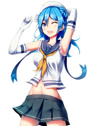 Rule 34 | 10s, 1girl, armpits, blue eyes, blue hair, elbow gloves, gloves, hat, hat ribbon, highres, kantai collection, konkito, looking at viewer, matching hair/eyes, midriff, navel, one eye closed, open mouth, personification, ribbon, school uniform, serafuku, short hair, simple background, skirt, sleeves rolled up, solo, urakaze (kancolle), white background, white gloves, white hat, wink
