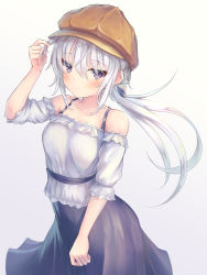Rule 34 | 1girl, arm up, bare shoulders, blush, breasts, cabbie hat, closed mouth, collarbone, dress, eyes visible through hair, floating hair, frills, hair between eyes, hat, highres, holding, holding hair, long hair, looking at viewer, medium breasts, off-shoulder shirt, off shoulder, original, parufeito, purple eyes, shirt, sidelocks, simple background, solo, white background, white hair