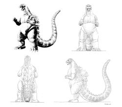 Rule 34 | artist request, character sheet, concept art, dinosaur, giant, giant monster, godzilla, godzilla (series), godzilla vs. king ghidorah, highres, kaijuu, looking at viewer, monster, no humans, official art, open mouth, roaring, sketch, spikes, tail, toho, tongue