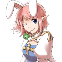 Rule 34 | 1girl, animal ears, arch bishop (ragnarok online), blue dress, blue eyes, breasts, cleavage cutout, closed mouth, clothing cutout, clover, commentary request, cross, dress, fake animal ears, four-leaf clover, hairband, juliet sleeves, long sleeves, looking at viewer, medium breasts, mouth hold, natsuya (kuttuki), one eye closed, pink hair, pointy ears, puffy sleeves, rabbit ears, ragnarok online, short hair, simple background, smile, solo, stalk in mouth, two-tone dress, upper body, white background, white dress, white hairband