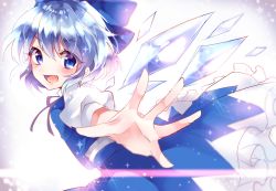 Rule 34 | 1girl, asada sadao, backlighting, bad id, bad twitter id, blue eyes, blue hair, blush, cirno, fang, frills, gradient background, hair ornament, hair ribbon, ice, ice wings, looking at viewer, matching hair/eyes, md5 mismatch, outstretched arm, puffy sleeves, resized, ribbon, shirt, short hair, short sleeves, skirt, skirt set, smile, solo, touhou, vest, wings