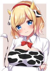 Rule 34 | absurdres, alice margatroid, animal ears, animal print, arms under breasts, bad id, bad pixiv id, blonde hair, border, bow, bowtie, breasts, cleavage, closed mouth, collared shirt, cow ears, cow girl, cow print, cow tail, crossed arms, headband, highres, horns, long sleeves, looking at viewer, red bow, red bowtie, red headband, shinonome asu, shirt, short hair, simple background, single horn, solo, tail, touhou, white shirt