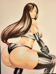 Rule 34 | 1girl, ass, ass shake, black hair, final fantasy, final fantasy vii, highres, huge ass, looking at viewer, looking back, materia, octavius dp, one eye closed, red eyes, smile, solo, source request, square enix, sweat, tagme, tifa lockhart, wink