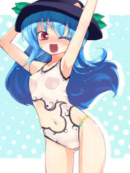 Rule 34 | 1girl, ;d, adapted costume, arms up, blue hair, blush, casual one-piece swimsuit, colored eyelashes, female focus, food, fruit, hat, hinanawi tenshi, homura subaru, leaf, long hair, looking at viewer, navel, one-piece swimsuit, one eye closed, open mouth, peach, red eyes, smile, solo, sweatdrop, swimsuit, touhou, wink