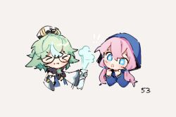 Rule 34 | !, !!, &gt; &lt;, 2girls, :o, ahoge, arknights, blue brooch, blue eyes, blue jacket, blue poison (arknights), blush, chibi, closed mouth, commentary, cropped torso, english commentary, genshin impact, glasses, green hair, grey background, hair between eyes, hands up, hood, hood up, hooded jacket, jacket, long hair, long sleeves, low twintails, multiple girls, open mouth, pink hair, ruri (dailybloopy), semi-rimless eyewear, short hair, simple background, sucrose (genshin impact), test tube, twintails, upper body, white headwear, wide sleeves