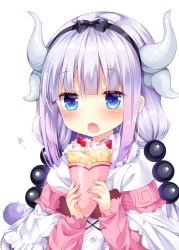 Rule 34 | 10s, 1girl, :o, beads, black bow, blue eyes, blush, bow, capelet, crepe, dragon horns, food, frills, fruit, hair beads, hair bow, hair ornament, holding, holding food, horns, kanna kamui, kobayashi-san chi no maidragon, light purple hair, long hair, nogi takayoshi, open mouth, silver hair, simple background, solo, strawberry, upper body, whipped cream, white background