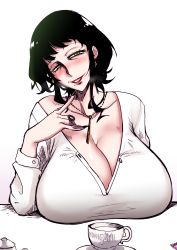 Rule 34 | 1girl, absurdres, alternate breast size, black hair, blush, bob cut, breasts, cleavage, collarbone, cum, cum in container, cum in cup, cup, green eyes, highres, hukiguni, jewelry, large breasts, looking at viewer, mature female, melinda desmond, mole, mole under mouth, mug, open mouth, ring, short hair, smile, solo, spy x family