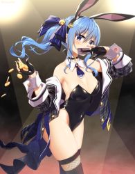 Rule 34 | 1girl, adapted costume, animal ears, bare shoulders, blue eyes, blue hair, boots, breasts, card, choker, coin, covering own mouth, detached collar, gloves, gold coin, hair ornament, hair ribbon, highleg, highleg leotard, highres, hololive, hoshimachi suisei, hoshimachi suisei (1st costume), jacket, joker (playing card), leotard, mizunashi (second run), necktie, partially fingerless gloves, playboy bunny, playing card, rabbit ears, ribbon, side ponytail, small breasts, solo, stage lights, star (symbol), star hair ornament, thigh boots, thighhighs, virtual youtuber