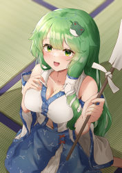 Rule 34 | 1girl, :d, bare shoulders, blue skirt, blush, breasts, cleavage, commentary request, covered erect nipples, detached sleeves, frog hair ornament, gohei, green eyes, green hair, hair between eyes, hair ornament, hair tubes, hand on own chest, hands up, happy, highres, indoors, kochiya sanae, long hair, looking at viewer, medium breasts, medium skirt, midriff, midriff peek, navel, no bra, nontraditional miko, on floor, open mouth, partially unzipped, print skirt, sefushi, shirt, skirt, smile, snake hair ornament, solo, tatami, touhou, very long hair, white shirt, wide sleeves