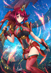 Rule 34 | 1girl, adsouto, armor, blush, breasts, covered navel, fingerless gloves, gem, gloves, hair ornament, headpiece, highres, holding, holding sword, holding weapon, jewelry, large breasts, looking at viewer, nintendo, pyra (xenoblade), red eyes, red hair, red shorts, short hair, shorts, shoulder armor, smile, swept bangs, sword, thighhighs, tiara, weapon, xenoblade chronicles (series), xenoblade chronicles 2