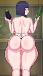 Rule 34 | 1girl, absurdres, apron, ass, backboob, bare back, bare shoulders, black hair, breasts, closed mouth, cowboy shot, cucumber, drunkavocado, eggplant, from behind, highres, huge ass, hyuuga hinata, indoors, kitchen, large breasts, looking back, naruto (series), purple eyes, shiny skin, short hair, smile, solo, standing, thick lips, thick thighs, thighs, thong