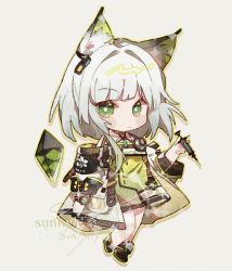 Rule 34 | 1girl, animal ear fluff, animal ears, arknights, bare shoulders, chibi, chinese commentary, closed mouth, commentary, detached collar, dress, earpiece, full body, green dress, green hair, highres, holding, holding syringe, jacket, jewelry, kal&#039;tsit (arknights), light green hair, long sleeves, off-shoulder dress, off shoulder, sample watermark, short hair, solo, standing, stethoscope, sunny nisang, syringe, watermark