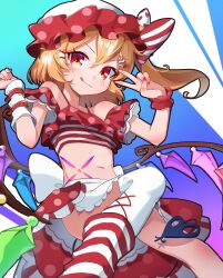 Rule 34 | 1girl, blonde hair, blue background, bow, closed mouth, crystal, crystal wings, flandre scarlet, halterneck, hat, highres, internet survivor, laevatein (tail), medium hair, mob cap, multicolored bow, multicolored wings, multiple hairpins, navel, no panties, nunonekonu, one side up, polka dot, polka dot headwear, polka dot shirt, polka dot skirt, red eyes, red nails, shirt, skirt, solo, tail, tongue, tongue out, touhou, waist bow, white bow, wings