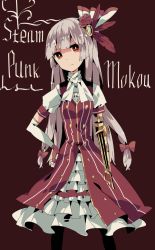 Rule 34 | 1girl, :/, alternate costume, amputee, aoi kujira, bad id, bad twitter id, belt, bow, bright pupils, dress, elbow gloves, flower, fujiwara no mokou, gloves, hair bow, hair flower, hair ornament, hair ribbon, hand on own hip, head tilt, long hair, looking at viewer, mechanical arms, red eyes, ribbon, silver hair, single mechanical arm, solo, steampunk, touhou, very long hair, white pupils