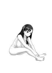 Rule 34 | 1girl, barefoot, blush, breasts, cleavage, collarbone, greyscale, highres, koinokamisamada, large breasts, long hair, monochrome, nude, parted lips, simple background, sitting, solo, stretching, white background