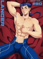 Rule 34 | 1boy, abs, absurdres, arm behind head, armpit hair, armpits, bed, blue hair, blue pants, bulge, closed mouth, cu chulainn (fate), cu chulainn (fate/stay night), earrings, fate/grand order, fate/hollow ataraxia, fate/stay night, fate (series), hand on own chest, highres, jewelry, looking at viewer, lying, male focus, navel, nipples, on back, on bed, paid reward available, pants, patreon username, pectorals, ponytail, red eyes, paid reward available, sgt crisis, short hair, solo, toned, toned male, topless male, twitter username