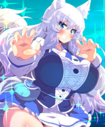 Rule 34 | 1girl, animal ear fluff, animal ears, blue eyes, borrowed character, breasts, claw pose, fingernails, finland, highres, indie virtual youtuber, large breasts, long hair, looking at viewer, lumi (merryweather), sharp fingernails, smile, solo, sw (taco), tail, virtual youtuber, white hair, wolf ears, wolf girl, wolf tail