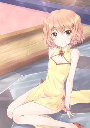 Rule 34 | 10s, 1girl, :o, arm support, bad id, bad pixiv id, bare shoulders, bracelet, breasts, brown eyes, brown hair, china dress, chinese clothes, chm (macharge), cleavage, dress, hair ornament, hanasaku iroha, high heels, jewelry, legs, matsumae ohana, on floor, shoes, short hair, sitting, small breasts, solo, wariza