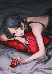 Rule 34 | 10s, 1girl, :p, bare back, black hair, dress, food, fruit, hayami kanade, highres, idolmaster, idolmaster cinderella girls, infukun, looking at viewer, lying, meme attire, on stomach, parted bangs, pillow, pomegranate, sexually suggestive, short hair, sketch, smile, solo, symbolism, tongue, tongue out, virgin killer sweater, yellow eyes, yonic symbol