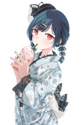 Rule 34 | 19 okeke, 1girl, absurdres, black headwear, blue hair, braid, drink, floral print kimono, hair ornament, hairclip, highres, holding, holding drink, idolmaster, idolmaster shiny colors, japanese clothes, looking at viewer, morino rinze, obi, red eyes, sash, short hair, short twintails, starbucks, swept bangs, tilted headwear, twintails, upper body, white background