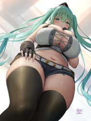 Rule 34 | 1girl, black thighhighs, blush, breasts, cowboy shot, denim, denim shorts, fingerless gloves, from below, girls&#039; frontline, gloves, green eyes, green hair, half-closed eyes, hand on own chest, hand on own thigh, hat, highres, huge breasts, long hair, looking at viewer, looking down, micro uzi (girls&#039; frontline), micro uzi (mod3) (girls&#039; frontline), midriff, mod3 (girls&#039; frontline), navel, oekakizuki, plump thighs, pouch, shorts, solo, thighhighs, twintails, very long hair