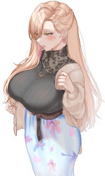 Rule 34 | 1girl, belt, black sweater, blonde hair, blush, breasts, brown belt, brown cardigan, cardigan, casual, earrings, fang, floral print, hair between eyes, highres, jewelry, large breasts, long hair, long skirt, nail polish, nijisanji, nui sociere, nui sociere (4th costume), open cardigan, open clothes, parted bangs, parted lips, pink nails, ribbed sweater, see-through, simple background, skin fang, skirt, skysign ft, solo, sweat, sweater, swept bangs, very long hair, virtual youtuber, white background, yellow eyes