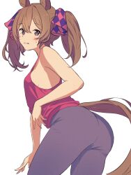 Rule 34 | 1girl, animal ears, armpits, ass, bare shoulders, black pants, breasts, brown eyes, brown hair, commentary request, cowboy shot, from behind, highres, horse ears, horse girl, horse tail, looking at viewer, looking back, medium hair, official alternate costume, pants, pink tank top, sideboob, simple background, small breasts, smart falcon (just in time!? uma&lt;3dol) (umamusume), smart falcon (umamusume), smart falcon (yoga falko) (umamusume), solo, tail, tank top, twintails, umamusume, wa (wamizest7), white background, yoga pants