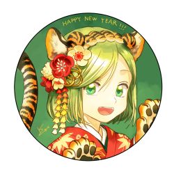 Rule 34 | 1girl, :d, animal ear fluff, animal ears, animal hands, backlighting, bob cut, border, chinese zodiac, circle, close-up, coco (tongari boushi no atelier), english text, fake animal ears, fake tail, fangs, floral print, flower, from side, gloves, green background, green eyes, green hair, hair between eyes, hair ornament, hairband, han&#039;eri, hands up, happy new year, japanese clothes, kanzashi, kimono, leaf print, light green hair, looking at viewer, looking to the side, muted color, nengajou, new year, official art, open mouth, parted bangs, paw gloves, portrait, print kimono, red flower, red kimono, round image, round teeth, shirahama kamome, short hair, signature, simple background, smile, solo, straight hair, tail, tail raised, teeth, tiger ears, tiger girl, tiger paws, tiger stripes, tiger tail, tongari boushi no atelier, transparent border, upper teeth only, white flower, year of the tiger