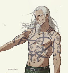 Rule 34 | 1boy, artist name, beard, belt, chest tattoo, facial hair, foxvulpine, golden kamuy, grey eyes, highres, hijikata toshizou (golden kamuy), long hair, male focus, navel, nipples, old, old man, topless male, simple background, solo, standing, tattoo, toned, twitter username, white background, white hair, wrinkled skin