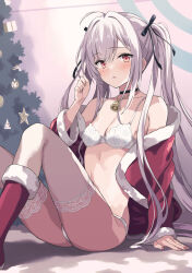 Rule 34 | 1girl, bell, boots, bra, breasts, christmas, commentary request, highres, long hair, looking at viewer, neck bell, original, rasahan, red eyes, red footwear, revision, sitting, small breasts, solo, thighhighs, thighs, twintails, underwear, white bra, white hair, white thighhighs
