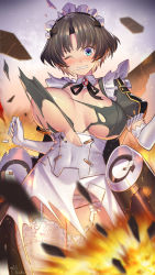 Rule 34 | 1girl, ash arms, black hair, black ribbon, blue eyes, blush, bouncing breasts, breasts, character request, commentary request, corset, covered navel, cowboy shot, debris, earrings, elf, explosion, frills, garter straps, gloves, highres, jewelry, maid, maid headdress, motion blur, neck ribbon, no bra, one eye closed, panties, pantyshot, parted bangs, pink panties, pointy ears, puffy short sleeves, puffy sleeves, ribbon, short hair, short sleeves, signature, solo, standing, star (symbol), star earrings, takamine nadare, thighhighs, torn clothes, unaligned breasts, underwear, v-shaped eyebrows, white gloves, white thighhighs