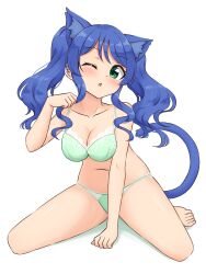 Rule 34 | 1girl, ;o, absurdres, animal ears, arm support, barefoot, blue hair, bra, breasts, cat ears, cat tail, commentary request, green bra, green eyes, green panties, head tilt, highres, hisui (shiraha maru), kemonomimi mode, lace, lace-trimmed bra, lace trim, leaning forward, long hair, medium breasts, navel, one eye closed, original, panties, partial commentary, paw pose, shiraha maru, simple background, sitting, solo, tail, twintails, underwear, underwear only, wariza, white background