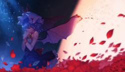 Rule 34 | 1girl, alternate costume, backlighting, bare shoulders, bat wings, black hair, blood, blue hair, blurry, bow, broken, card, clock, closed eyes, colored eyelashes, commentary request, cowboy shot, debris, depth of field, dress, floating card, flower, frilled dress, frills, glowing, glowing eyes, hair between eyes, hat, hat ribbon, highres, holding, injury, light particles, light rays, mister rhino (wangzisama1001), mob cap, moon, nail polish, neck ribbon, night, own hands together, petals, pocket watch, red bow, red flower, red nails, red ribbon, red rose, remilia scarlet, ribbon, roman numeral, rose, short hair, sleeveless, sleeveless dress, solo, torn wings, touhou, watch, wavy hair, wind, wings, wrist ribbon