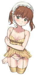 Rule 34 | 1girl, arm at side, blush, breasts, breasts apart, brown hair, closed mouth, collarbone, commentary request, cropped legs, duplicate, garter belt, hat, head tilt, highres, kobayashi-san chi no maidragon, lingerie, looking at viewer, mob cap, negligee, panties, piano-alice, saikawa sanae, simple background, small breasts, solo, thighhighs, twintails, underwear, white background, white hat, white panties, yellow thighhighs