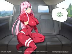 Rule 34 | :p, bokuman, casting couch, darling in the franxx, formal, horns, pink hair, suit, tagme, tongue, tongue out, zero two (darling in the franxx)